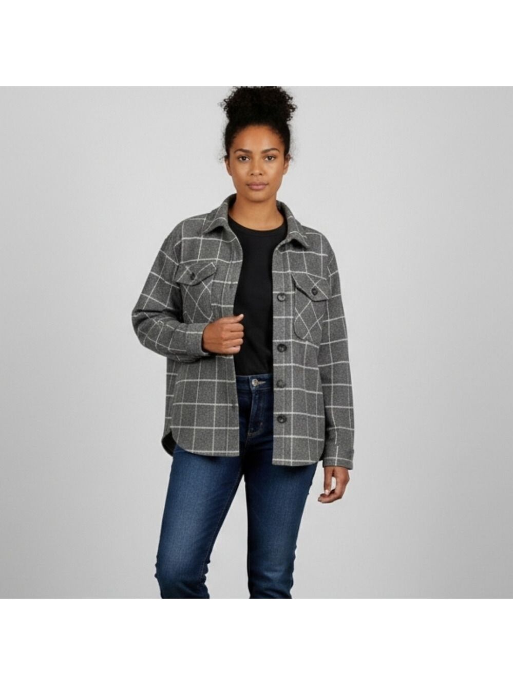 Tilley Grey Check Wool Blend Women's Utility Jacket Shacket, Size Small, NWT